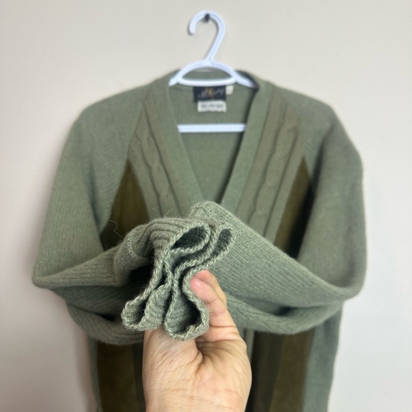 Vintage Mercury 2-Ply Wool Cardigan Men’s L Green Suede Panel Button Sweater - Picture 3 of 5